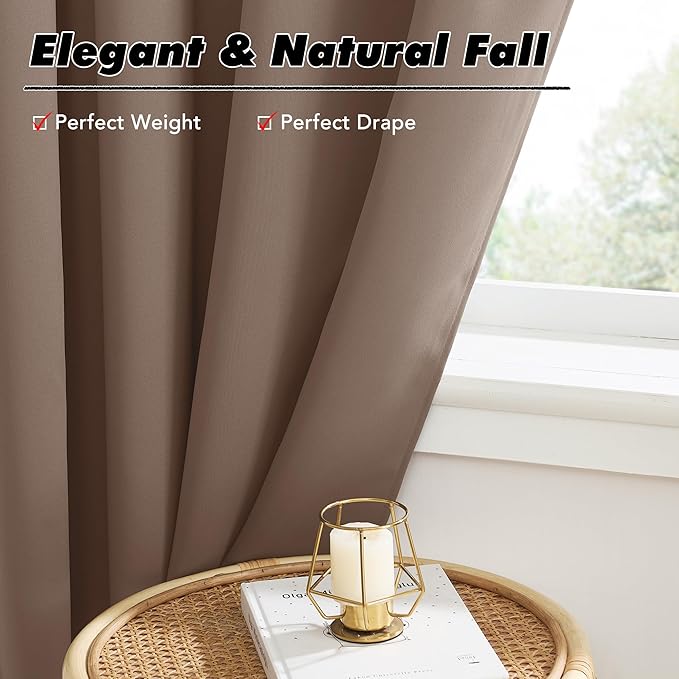 KGORGE 45 inch Curtains for Small Window, Privacy Room Darkening Drapes Thermal Insulation Noise Reducing Curtains for Bedroom Kitchen, Back Tab Rod Pocket, W52 x L45 inches, Mocha, 2 Panels