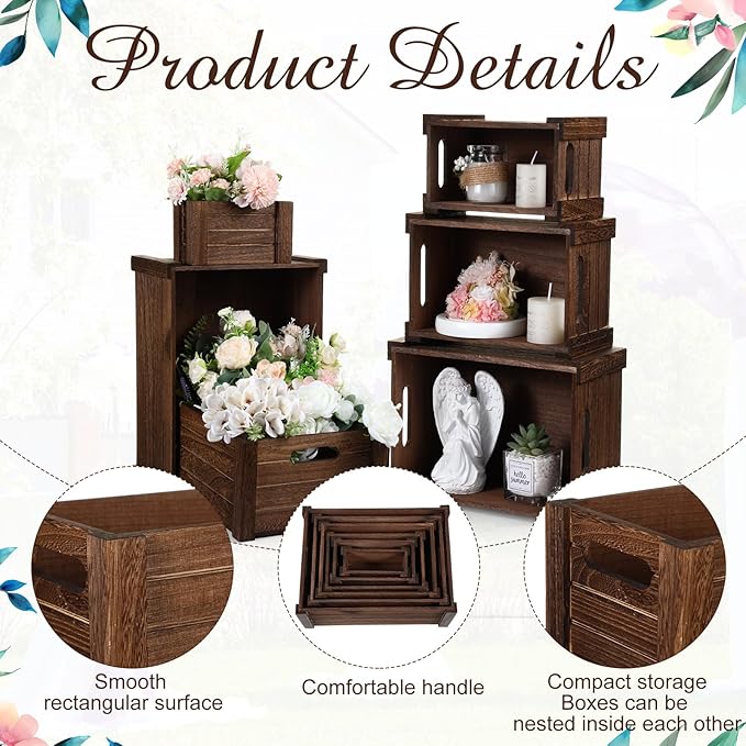 6 Pcs Decorative Wood Crates for Storage Display Rustic Nesting Crates with Handle Farmhouse Wooden Storage Container Boxes for Wedding Party Farmers Market Supplies Decor