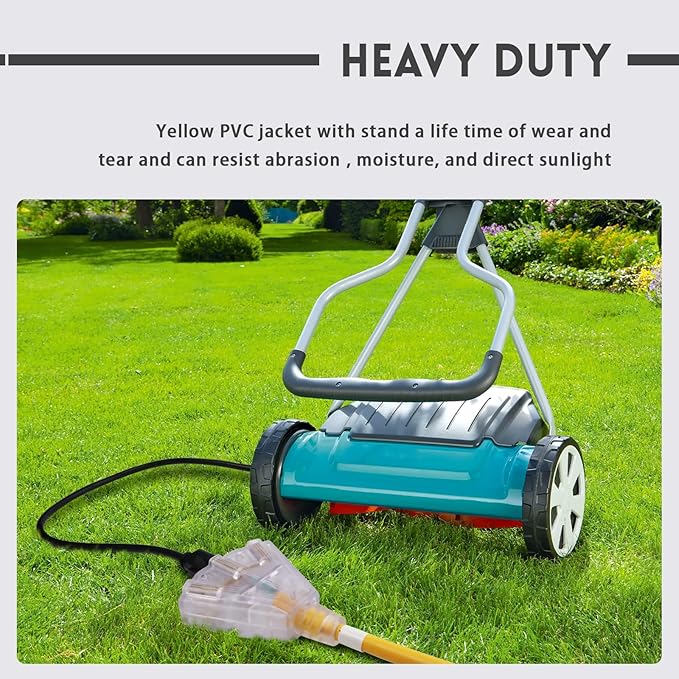 EP 6 Ft Lighted Outdoor Extension Cord with 3 Electrical Power Outlets - 14/3 SJTW Heavy Duty Yellow Extension Cable with 3 Prong Grounded Plug - Power Cord for Lawn, Garden, Appliances