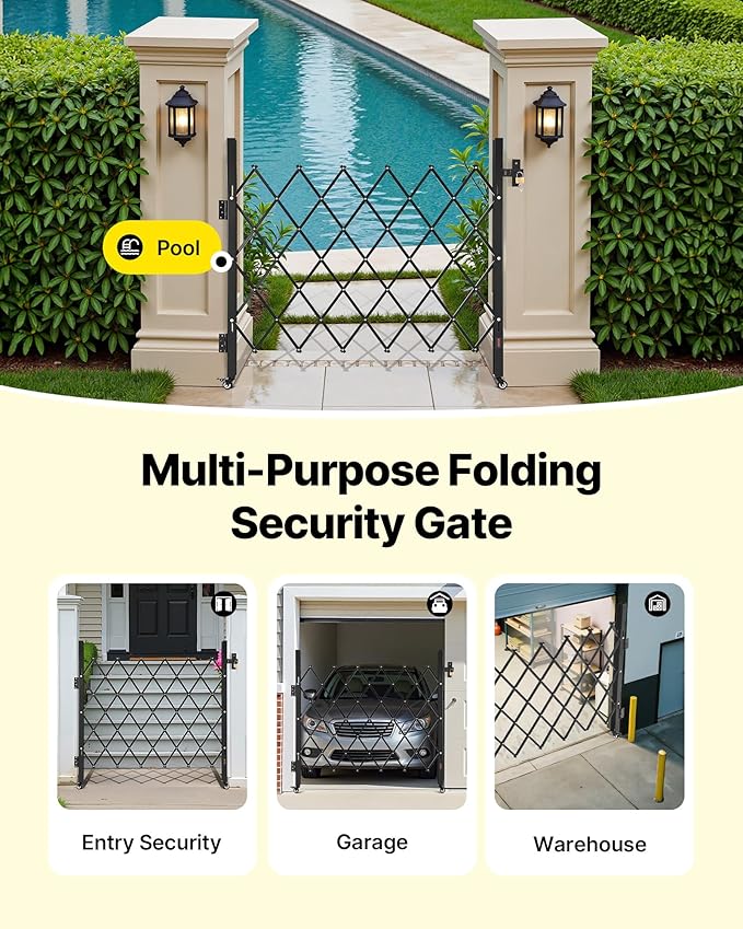 VEVOR Single Folding Security Gate, Lockable Scissor Gate with 360° Swivel Casters, Outdoor Barricade Steel Retractable Gates, for Entry Security, Garage, Warehouse & Pool, 43.31 x 51.57 in (W x H)