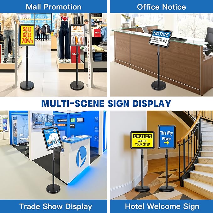 6 Pack Sign Stand for Display - Adjustable 8.5x11 Inch Floor Standing Sign Holder, Pedestal Poster Stand for Vertical&Horizontal View, Indoor&Outdoor Use for Business, Mall, Restaurant - Black