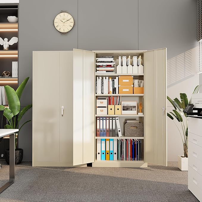 Superday Metal Storage Cabinet with Lock, 72" H Garage Storage Cabinet with Doors and 4 Adjustable Shelves,Putty Steel Locking Cabinets for Office, Home, Garage, Gym, School