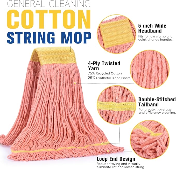 Matthew Cleaning Commercial Mop Head Replacement, 5 Inch Wide Headband, Looped End Cotton Blend String Wet Mops for Floor Cleaning, 18 oz Medium, Case Pack 12 Pcs Orange
