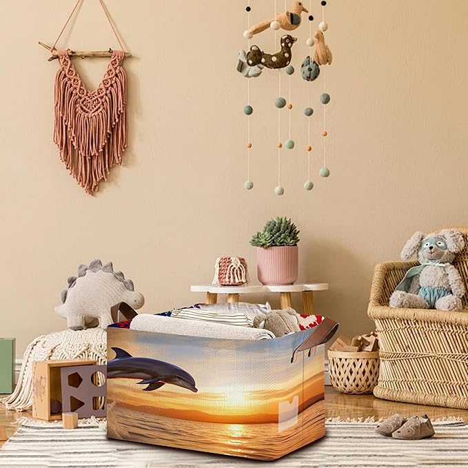 Dolphin Sunset Storage Basket Large 17x11.5x10.5 Inche - Collapsible Beach Themed Organizer Bin with Handles for Bathroom,Nursery,Toys - Foldable Decorative Hamper with Ocean Wave Design - Single Pack