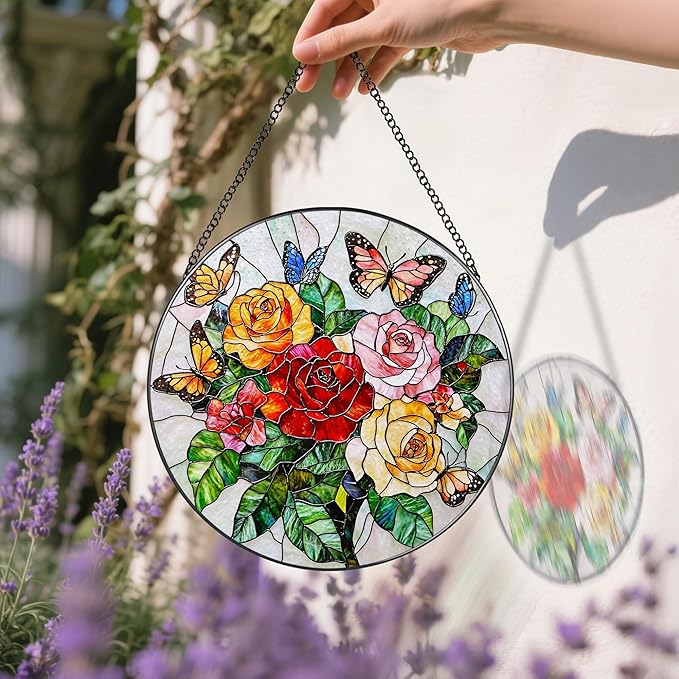 Butterfly & Rose Ornament: Stained Glass Suncatcher, Suncatcher for Window Decor, Stained Glass Window Hanging, Christmas Ornament, Gifts for Nature Lover, Women, Christmas, Mother's Day, Birthdays