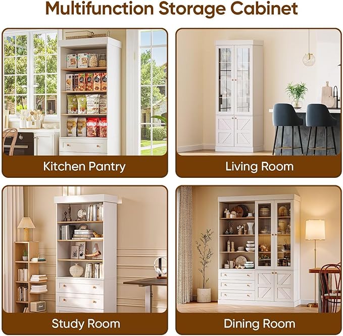 Vyre 71" Tall Farmhouse Bookshelves with Glass Doors, Set of 3 – Large Modular Bookcase with Adjustable Shelves, Storage Cabinet for Living Room, Kitchen, Home Office, White