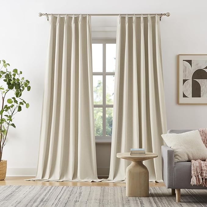 Exra Long Blackout Curtains for Large Window 144 Inch 12ft, Back Tab Pleated Drapes with Hooks, Farmhouse Curtains 2 Panels for Living Room Dining Room Cottage 40 Wide x 144 Long Natural Birch