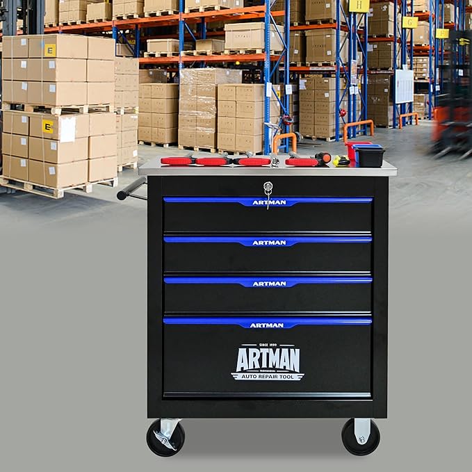 4-Drawer Heavy-Duty Rolling Steel Tool Cart with Handle&Wheels, Metal Storage Organizer Cabinet, Tool Chest for Efficient Tool Storage in Garage, Warehouse, Workshop, Repair Shop, Blue