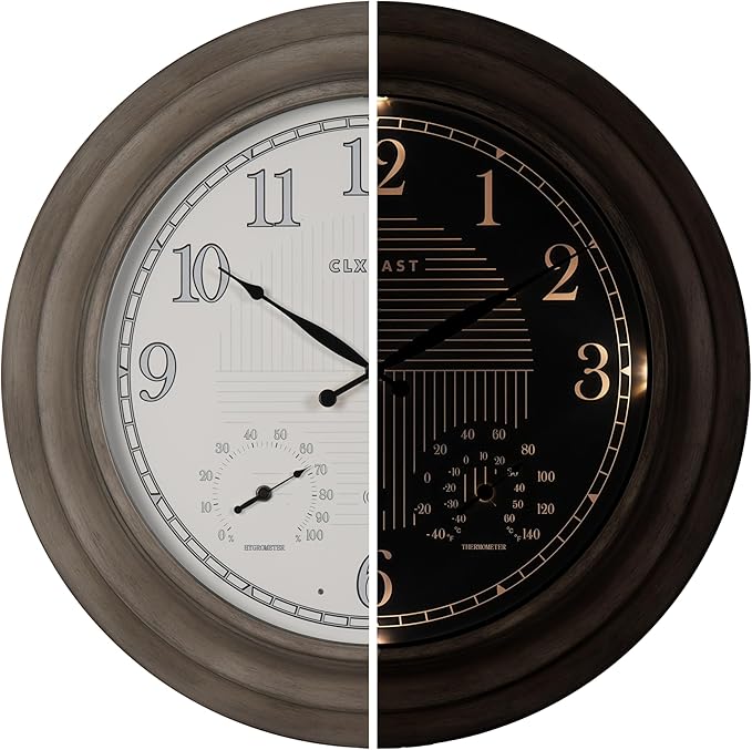 CLXEAST 24 Inch Self-Illuminated in/Outdoor Atomic Wall Clock with Temperature and Humidity, Oversized Large 24 Inch Wall Clocks for Living Room Decor, Brushed Grey Oak Wooden Finish