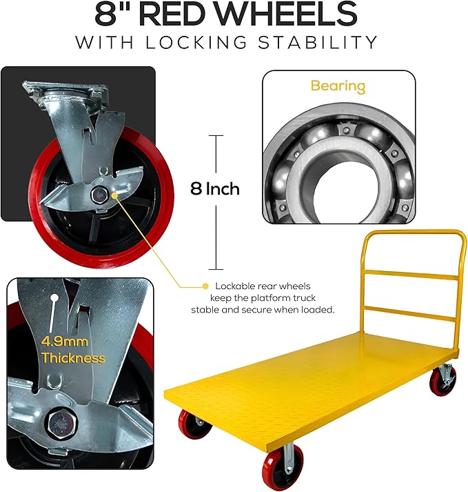 5Seconds Flatbed Platform Cart Industrial Dolly Heavy Duty 60” x 30” Hand Push Truck Super Heavy Duty Flatbed with 3000Lb Capacity 8'' Locked Swivel Wheels Commercial Moving (Yellow)