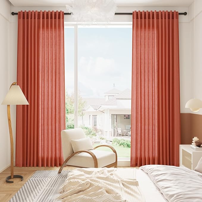 Nanspring Coral Linen Blend Drapes 84 Inch Length 2 Panels Set Back Tab Rod Pocket Light Filtering Semi Sheer Curtain Textured Neutral Farmhouse Decor Curtains for Bedroom Living Room 52x84