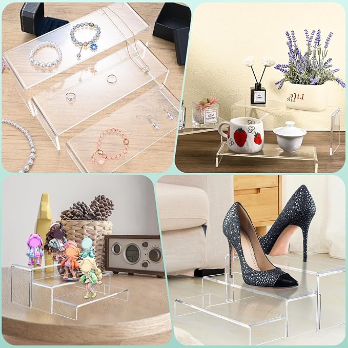 3 Pcs Large Acrylic Display Risers, 12" Large Risers Display Stands, 0.19" Thick Clear Risers Display Stands, Clear Rectangular Display Shelf for Showcase, Collectibles, Cupcake, Dessert