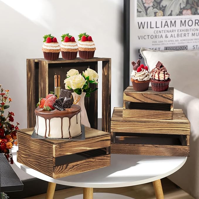 8 Pcs Buffet Risers with Mini Signs, Rustic Wood Cake Stands, Food Risers for Buffet Table, Dessert Display Stand, Wood Crates, Rustic Cake Stand for Party, Wedding, Birthday, Baby Shower, 4 Sizes