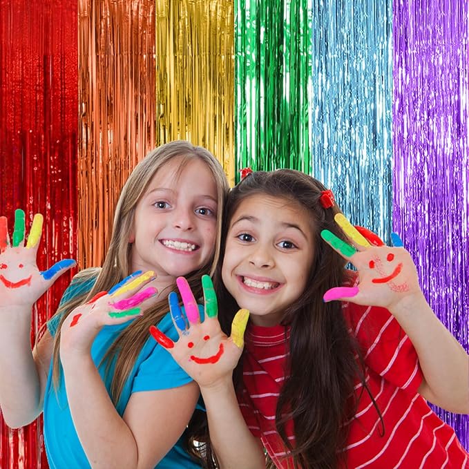 10 Pack Rainbow Party Backdrop Streamers Decorations Colorful Foil Fringe Curtains Metallic Tinsel Backdrop for Birthday First Day of School Engagement Baby Shower Christmas Holiday Party Decor