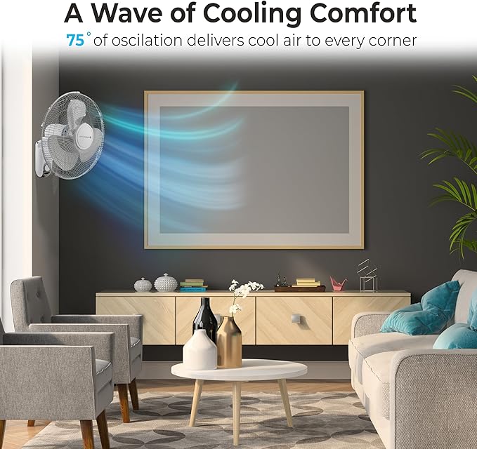 Comfort Zone Oscillating Wall Mount Fan with Adjustable Tilt, 16 inch, 3 Speed, Metal Grille, 90 Degree Oscillation, Airflow 14.07 ft/sec, Ideal for Home, Bedroom, Gym & Office, CZ16W