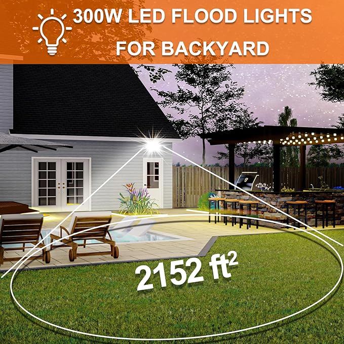 XXBSAZ 2 Pack 300W LED Flood Lights Outdoor, 37,000LM Plug-in Hardwire Work Light IP66 Waterproof - 6500K Daylight Bright for Yard, Garage, Stadium