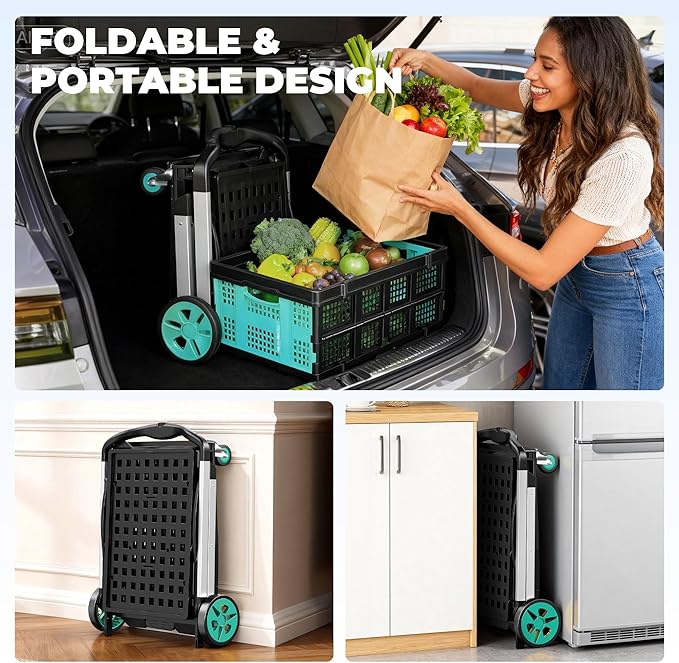 Collapsible Shopping Cart with Wheels, 8-in-1 200LBS Capacity Grocery Cart on Wheels with 2 Storage Crate, Folding Utility Cart for Shopping, Travel, Supermarket, Office, Teal