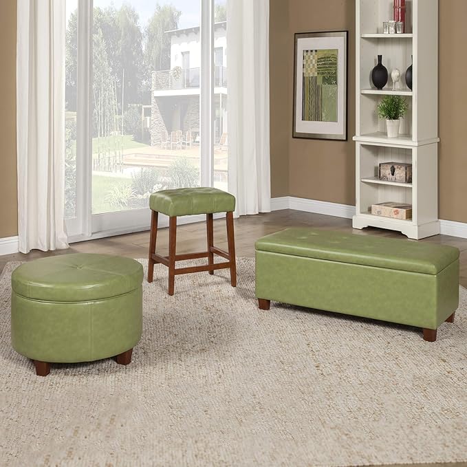 HomePop Round Leatherette Storage Ottoman with Lid, Moss Green Large