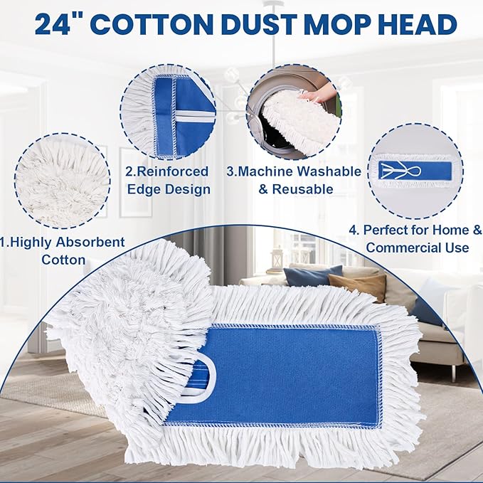 2 Pack 24 Inch Industrial Cotton Dust Mop Head Refill, Dust Mop Replacement Head for Commercial & Home Use, Heavy Duty Replacement for Office & Industrial Use, Machine Washable (2PC-24 inch)