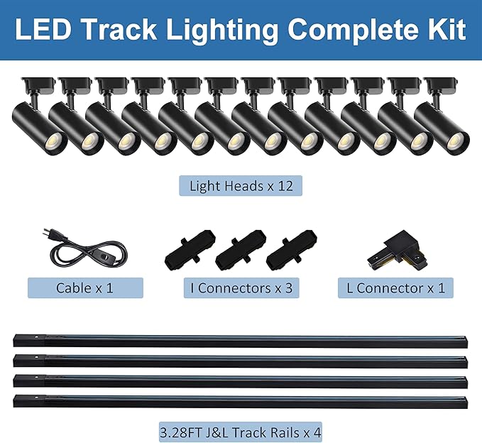 Super-Bright 25W 2000lm J&L Type LED Black Track Lighting System,3000K Warm Light Dimmable Brightness,with 13 FT Track Rails and Ceiling Spotlight Fixture Installation Package