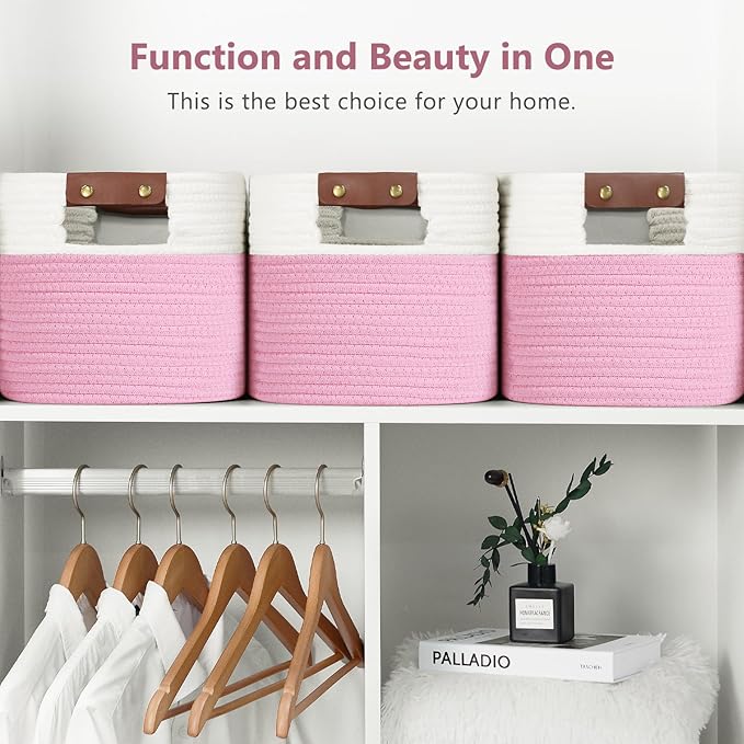 Cotton Rope Basket, Storage Baskets with Handle, 15x10x9 Inch Woven Basket for Shelves, Laundry, Towels, Clothes, Books (White/Pink 3Pack)