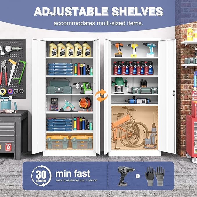 Metal Storage Cabinet with Lock,Lockable Garage Cabinet with 2 Doors and 5 Adjustable Shelves,Tall Steel Cabinets for Garage,Workshop,Gym,School