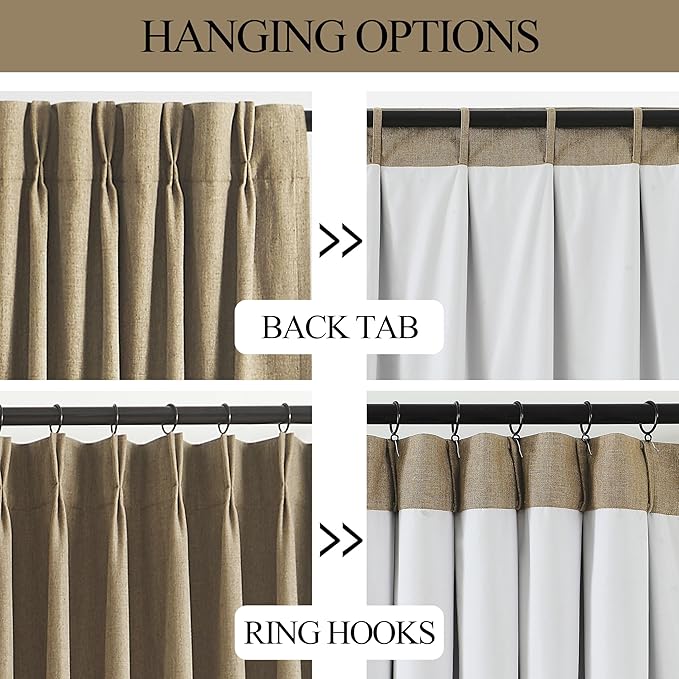 Vision Home Brown Pinch Pleated Full Blackout Curtains Linen Blended 60" Wide Thermal Insulated Window Panels 95 inch for Bedroom Living Room Darkening Pleat Drapes with Hooks Back Tab 60" Wx95 Lx1