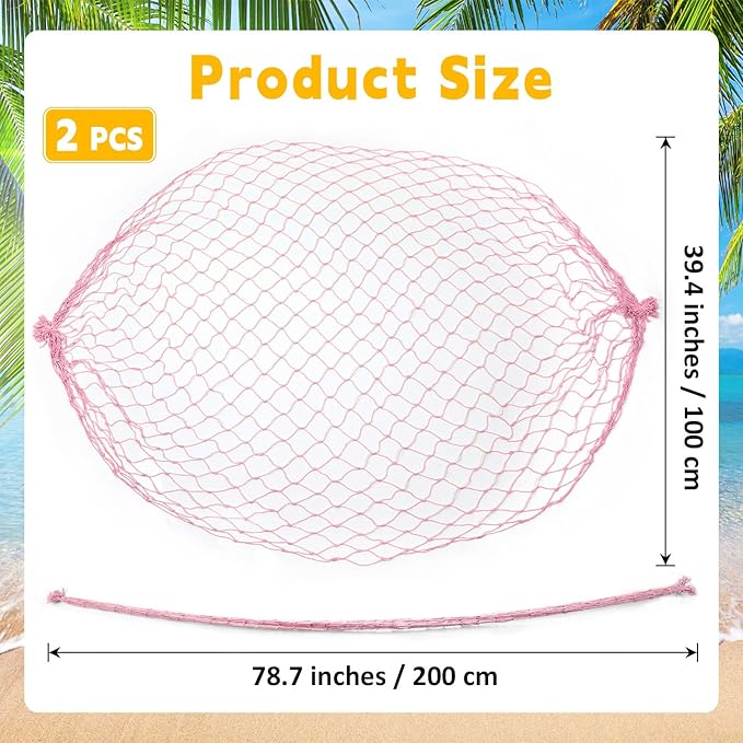 2 Pcs Fish Net Decorations, 39x78 Inch Cotton Nautical Themed Fishing Net, Wall Hanging Photo Display Fishnet for Coastal Bedroom Bathroom, Pirate Hawaiian Beach Under The Sea Party Decor, Light Pink