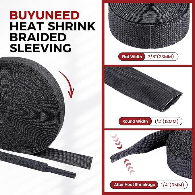 Heat Shrink Wire Loom 2:1 Shrinkable Braided Cable Sleeve 1/2 Inch ID-46ft Abrasion Protection Flexibility Fabric Wiring Harness Cover Sheath