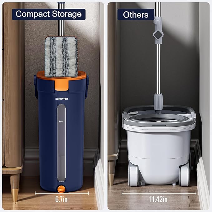 Mop and Bucket Set with Wringer, 3-Tank Flat Mop and Bucket System, Wall Mop Cleaner with Long Handle, Hands Free Mops for Floor Cleaning with 6 Microfiber Pads