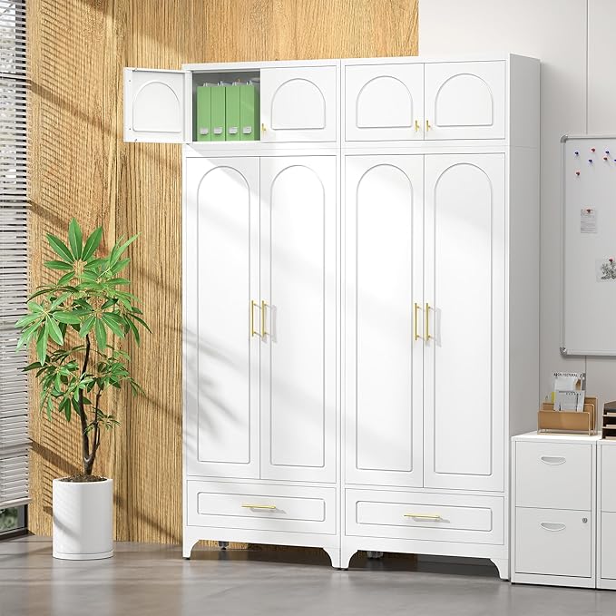 Kitchen Pantry Cabinet，90" Storage Cabinets with Doors and Shelves,Metal Pantry Cabinet with Drawers,White Kitchen Cupboard for Livingroom,Pantry, Bathroom