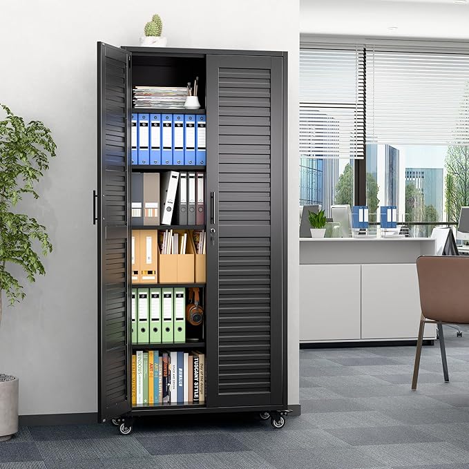 Aobabo 71H''*32''W*16''D Metal Garage Storage Cabinet with Wheels,5 Adjustable Shelves Steel Storage Cabinets for Home,Warehouse,Garage,Assembly Required,Black