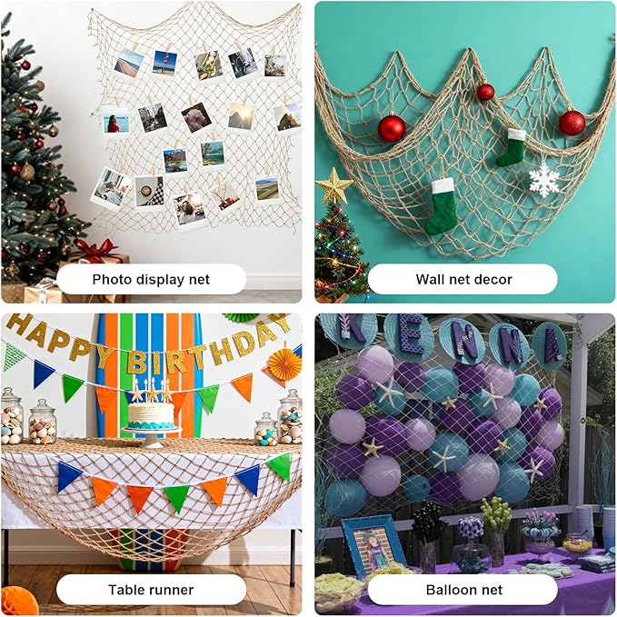 3 Pack Fish Net Decorations - 80x40'' Brown Decorative Fishing Nets Wall Decor Table Runner Ceiling Net, 3mm Natural Cotton Fish Netting for Pirate Under The Sea Nautical Beach Theme Party Decorations