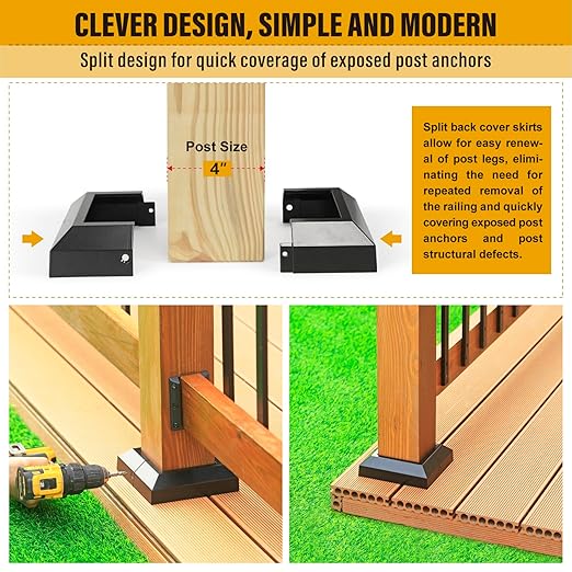 4.0"x4.0"（Actual: 4.0"x4.0"） Deck Post Base Cover Decorative Post Base Trim Skirt Black Aluminum 4Pack