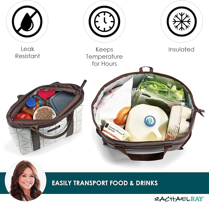Rachael Ray Chillout Soft Cooler Bag, Large Reusable Insulated Grocery Bag with Zippered Top, Travel Tote for Hot or Cold Food, Grocery Tote Bag