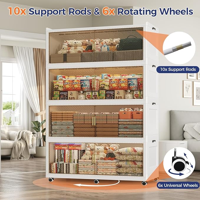 200 Gallon Extra Large Collapsible Storage Bin with Lid, 960QT Stackable Plastic Organizer with 6x Wheels, Foldable Drawer Cabinet for Closet, Living Room Office, Kitchen 4Pack, White