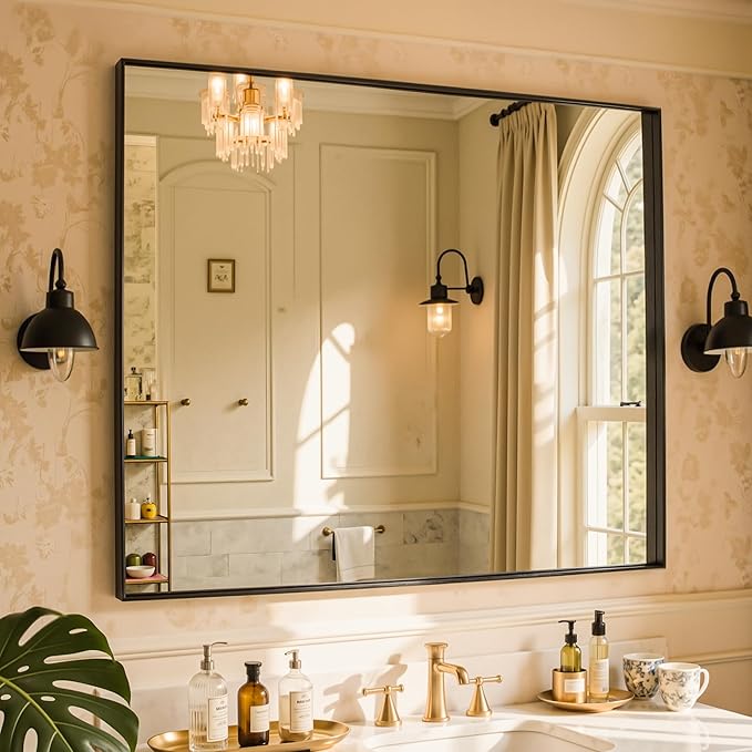 36"x36" Black Framed Bathroom Mirror, Large Rectangular Vanity Mirror, Aluminum Metal Frame, Wall Farmhouse Modern Wall-Mounted Mirrors for Bathroom, Bedroom, Living Room, Over Sink