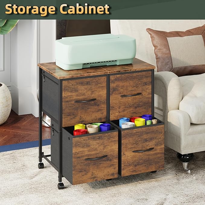 4 Drawer Lateral File Cabinet, Mobile Filing Cabinet for Large Printer, Home Office Functional Small Office Storage Cabinet & Printer Stand, Fits Letter/A4, Rustic Brown