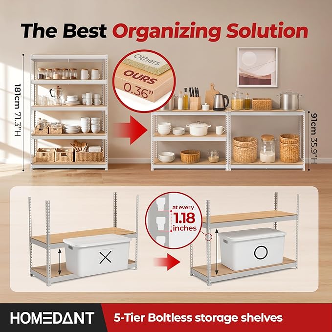 HOMEDANT 5 Tier Storage Shelves Adjustable Laminated Boltless Garage Metal Shelving Unit Heavy Duty Utility Rack Shelf Warehouse Pantry Closet Kitchen (4, (L) 48.1" W, White)