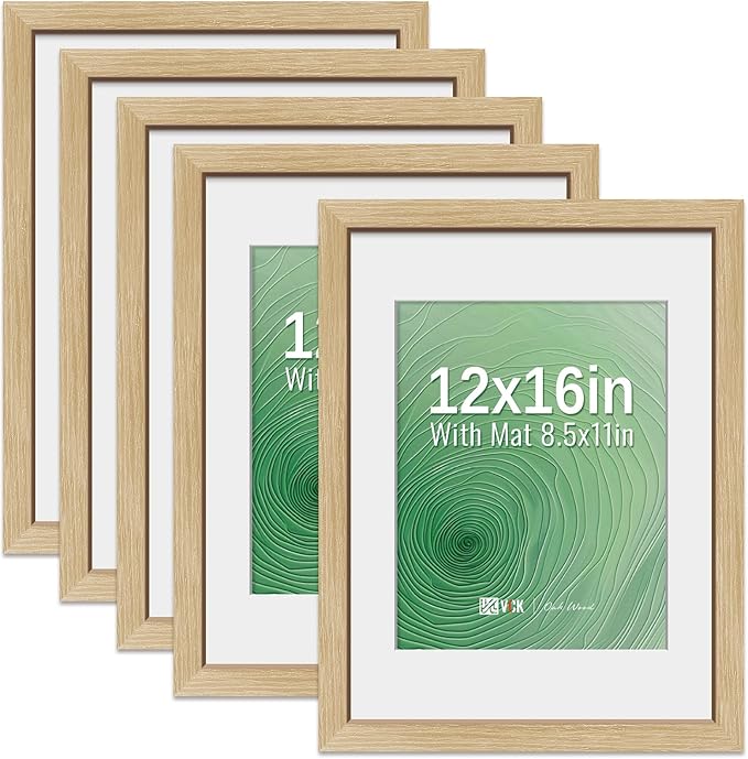 VCK 12x16 Picture Frame 5 Pack - Natural Oak, High-End Wood Poster Frames with Tempered Glass, Display 8.5x11 Photo with Mat or 12x16 without Mat, Art Gallery-Quality, Wall Hanging, Natural Oak