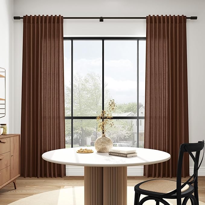 Nanspring Mocha Brown Linen Curtains 84 Inches Long for Living Room Back Tab Luxury Light Filtering Privacy Semi Sheer Curtain Farmhouse Decor Boho Textured Drapes for Bedroom 52x84 Inch,2 Panels
