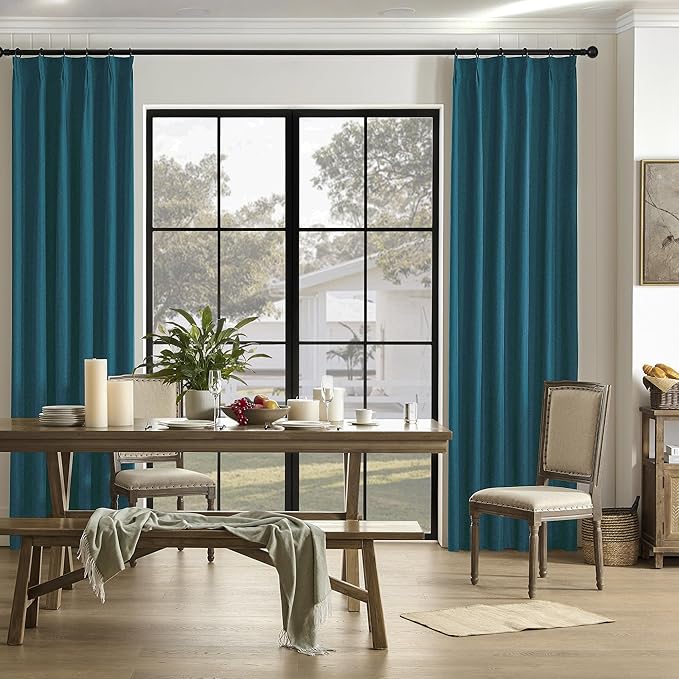 DUALIFE Dark Teal Blue Pinch Pleated Blackout Curtains 96 Inches Long, Back Tab with Hooks, Linen Full Black Out Thermal Insulated Track Curtain for Bedroom Living Room,40 Wx96 L, 2 Panels