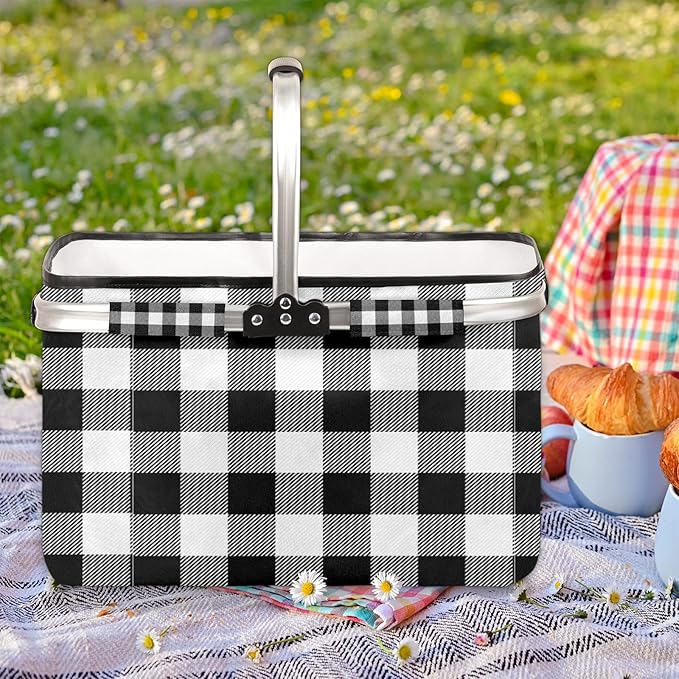 Plaid Collapsible Market Basket, White Black Stripe Leakproof Folding Collapsible Portable Picnic Basket Strong Aluminum Frame for Travel, Shopping, Camping & Lake Trips