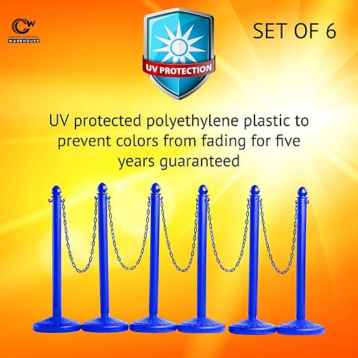 Montour Line Plastic Stanchion Blue 2.5 Inch Diameter with 50 Foot Chain, 6-Pack, Crowd Control Barriers