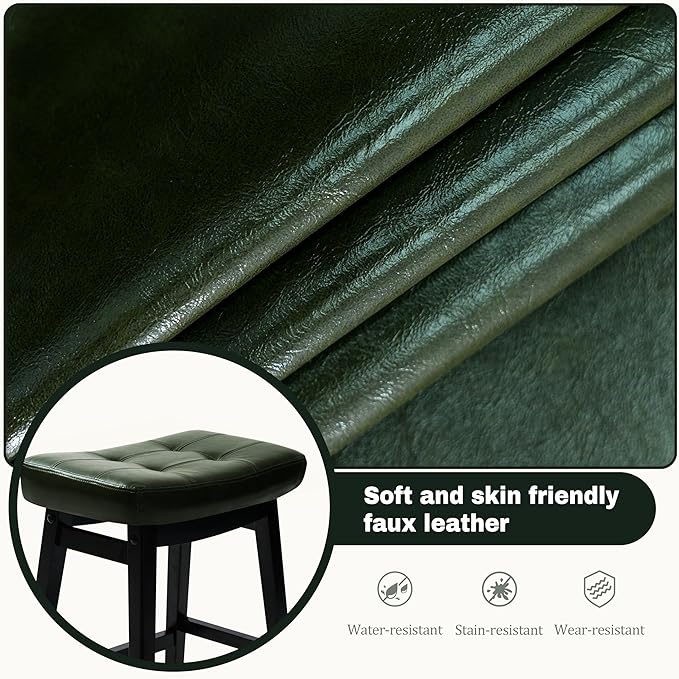 Counter Height Bar Stools Set of 3 for Kitchen Counter Farmhouse Modern Barstools with Faux Leather Upholstered Backless Seat and Solid Wood Legs 24 inch Bar Chairs, Green + Black