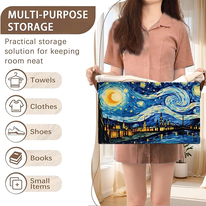 Artist Inspired Floral Storage Basket Large 17x11.5x10.5 Inche-Collapsible Fabric Organizer Bin with Handles for Living Room, Blankets-Decorative Hamper with Impressionist Flower-Single Pack