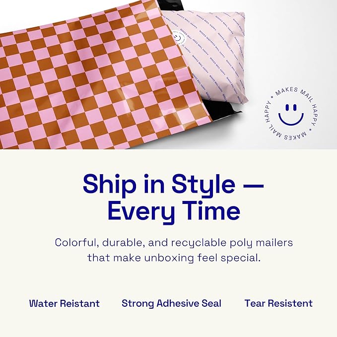 Poly Mailers 10x13 – 100 Pack – Cute Printed Recyclable Shipping Envelopes for Small Business Packaging, Self Sealing Mailing Bags – Checkerboard Pink and Rust Design