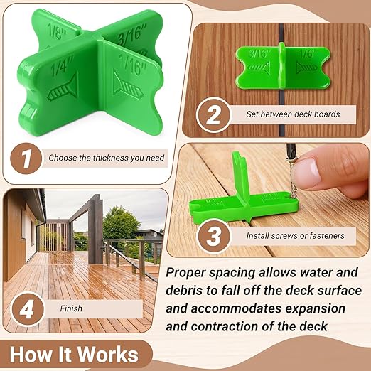 4 Pcs Deck Spacer Tool, Green Deck Board Spacers with 4 Thicknesses 1/16", 1/8", 3/16", 1/4", Deck Spacers Jig Clamp for Pressure Treated Composite Decking Boards