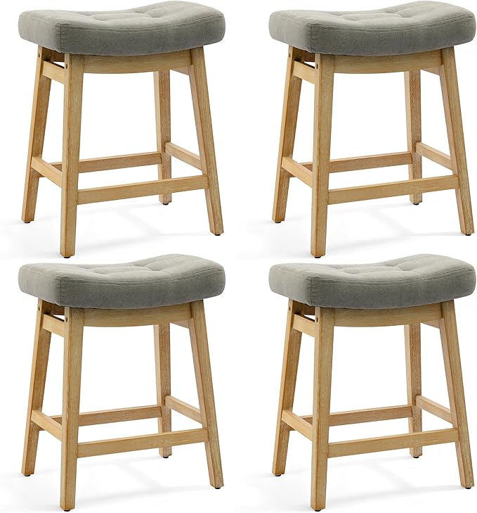 Counter Height Bar Stools Set of 4 for Kitchen Counter Farmhouse Modern Barstools with Upholstered Fabric Backless Seat and Solid Wood Legs 24 inch Bar Chairs, Grey + Wood Color
