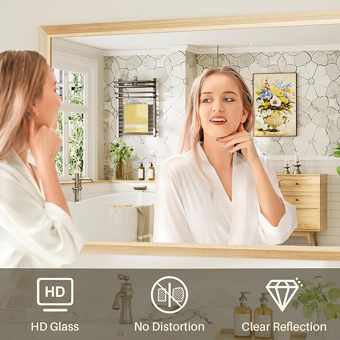 40x38 Inch Bathroom Mirror for Wall, Anti-Rust Oak Wood Grain Metal Framed Bathroom Mirrors for Over Sink,Rectangler Mirrors for Bathroom Vanity, Farmhouse, Bedroom, Living Room, Entryway Decor